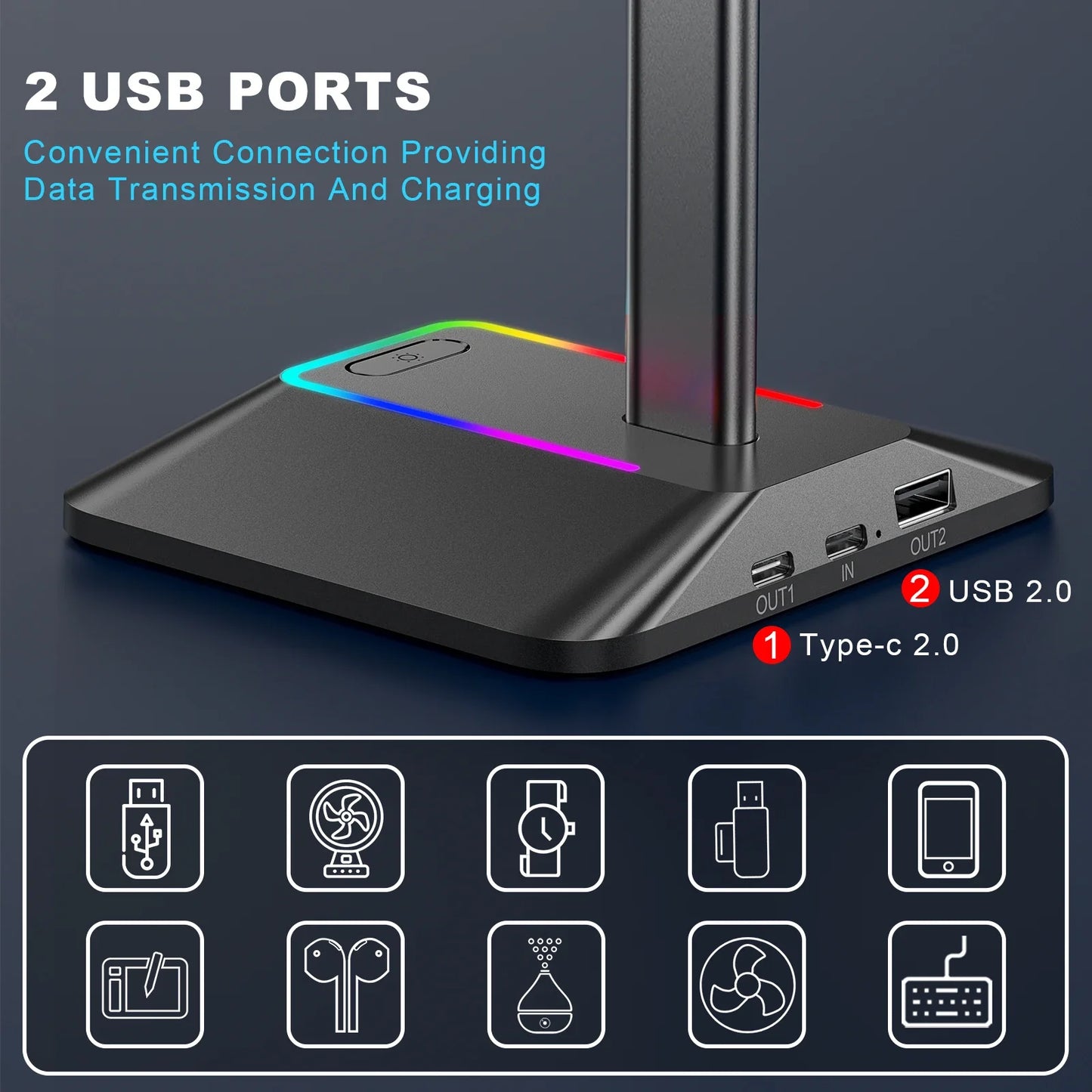 RGB Headphones Stand Holder Desk Gaming Headset with 2 USB Ports Cool Display Holder Non-Slip Rubber Base for Gamer